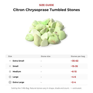 Citron Chrysoprase Tumbled Stones size guide: stone size and number of stones per bag