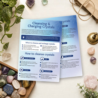Cleansing and Charging Crystals QuickStudy Guide front and back on a shop counter