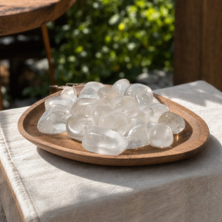 Clear Quartz A Tumbled Stones in a wooden tray at a market stall