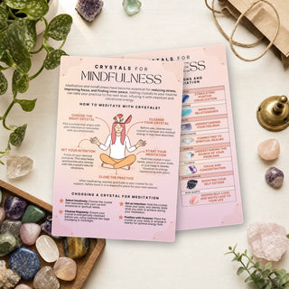 Crystals for Mindfulness QuickStudy Guide front and back on a shop counter