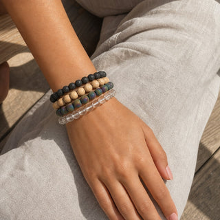 Rainbow Druzy Agate bead bracelet stacked with other bead bracelets on the wrist
