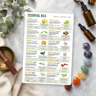 Essential Oils QuickStudy Guide laid out with crystals and props