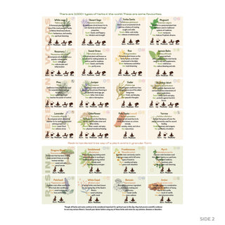 Herbs & Resins guide back: grid of 24 herbs, woods and resins with scents, uses and how-to-use icons