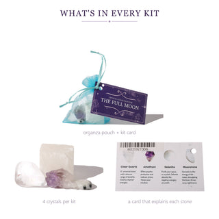 What's in every Intention Crystal Collection kit: organza pouch, 4 crystals and a card explaining each stone