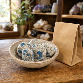 K2 Granite Tumbled Stones in a ceramic bowl on a shop counter