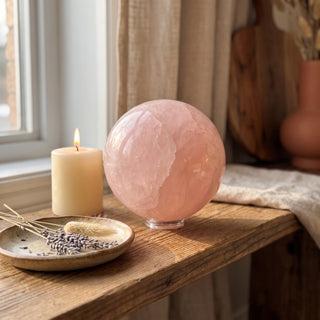 Rose Quartz Sphere Unique #40 - 3 3/4" displayed on a wooden home altar shelf beside a candle, shown at true size in warm natural light.