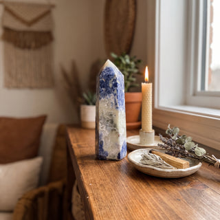 Sodalite Generator Unique #10 displayed on a wooden home altar shelf beside a candle, shown at true size in warm natural light.