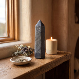 Blue Aventurine Generator Unique #6 - 7" displayed on a wooden home altar shelf beside a candle, shown at true size in warm natural light.