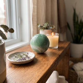Green Aventurine Bicolour Sphere Unique #3 - 3" displayed on a wooden home altar shelf beside a candle, shown at true size in warm natural light.