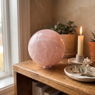 Rose Quartz Sphere Unique #36 - 3 3/8" displayed on a wooden home altar shelf beside a candle, shown at true size in warm natural light.