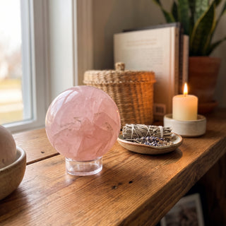 Rose Quartz Sphere Unique 38 displayed on a wooden home altar shelf beside a candle, shown at true size in warm natural light.