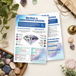 Man-Made vs. Human-Enhanced Gemstones QuickStudy Guide front and back on a shop counter