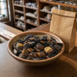Multi-Colour Tiger Eye Tumbled Stones - South Africa in a ceramic bowl on a shop counter