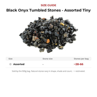 Black Onyx Tumbled Stones - Assorted Tiny size guide: stone size and number of stones per bag