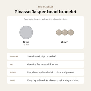 Picasso Jasper bead bracelet card: bead sizes shown next to a Canadian dime, closure, fit and care