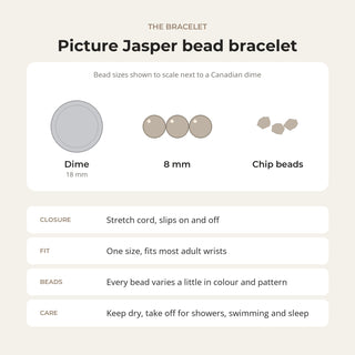 Picture Jasper bead bracelet card: bead sizes shown next to a Canadian dime, closure, fit and care