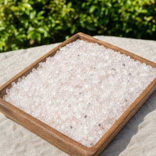 Rose Quartz B Tumbled Stones - Assorted Tiny ( in a wooden tray at a market stall