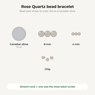 Rose Quartz bead bracelet bead sizes shown to scale next to a Canadian dime