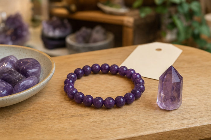 An amethyst bracelet beside an amethyst point and tumbled stones