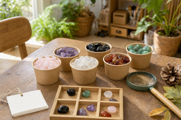 Tumbled stones for kids and schools: cups, sorting tray and magnifying glass