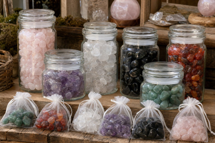 Jars and grab bags of tumbled stones on a market shelf