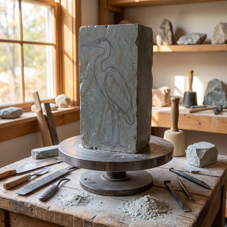 6x6x12 Carving Block - on a sculptor's banding wheel