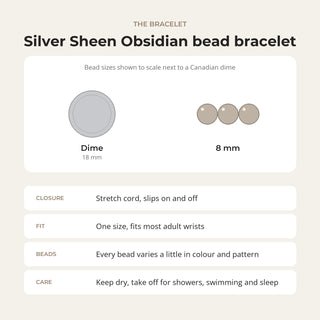 Silver Sheen Obsidian bead bracelet card: bead sizes shown next to a Canadian dime, closure, fit and care