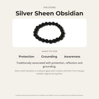 Silver Sheen Obsidian stone card: what it is traditionally associated with, chakra and zodiac