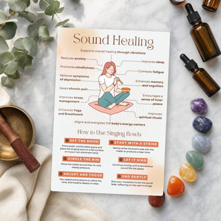 Sound Healing QuickStudy Guide laid out with crystals and props