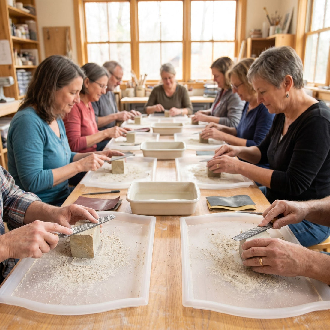 Adult soapstone carving class at a long table with blocks and rasps