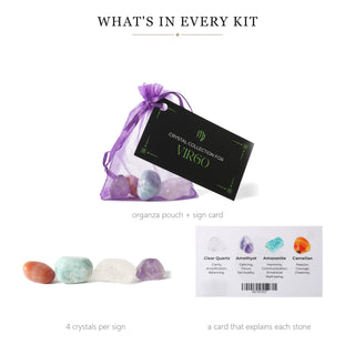 What's in every Zodiac Crystal Collection kit: organza pouch, 4 crystals and a card explaining each stone
