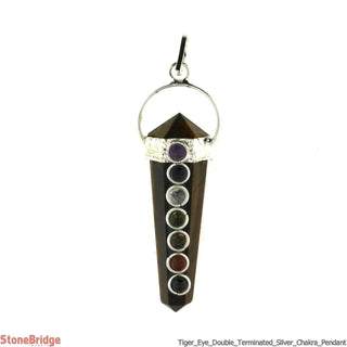 Tiger's Eye Double Point with Chakra Stones - Silver Plated Pendant    from Stonebridge Imports