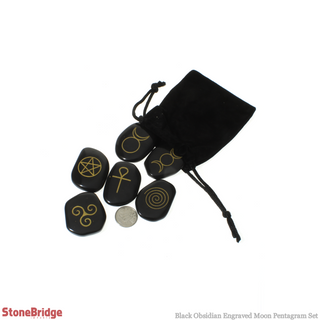 Black Obsidian Engraved Moon Pentagram Set - 1" to 2"    from Stonebridge Imports