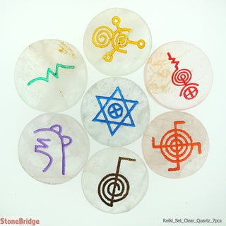 Clear Quartz 7 Stone Reiki Set engraved with Chakra Colours - 1 1/4" to 1 1/2"    from Stonebridge Imports