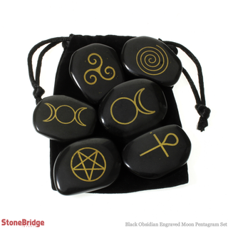 Black Obsidian Engraved Moon Pentagram Set - 1" to 2"    from Stonebridge Imports