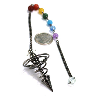 Metal Pendulum - Black Colour Spiral Point with Chakra Beads on Chain - 1 1/4"    from Stonebridge Imports